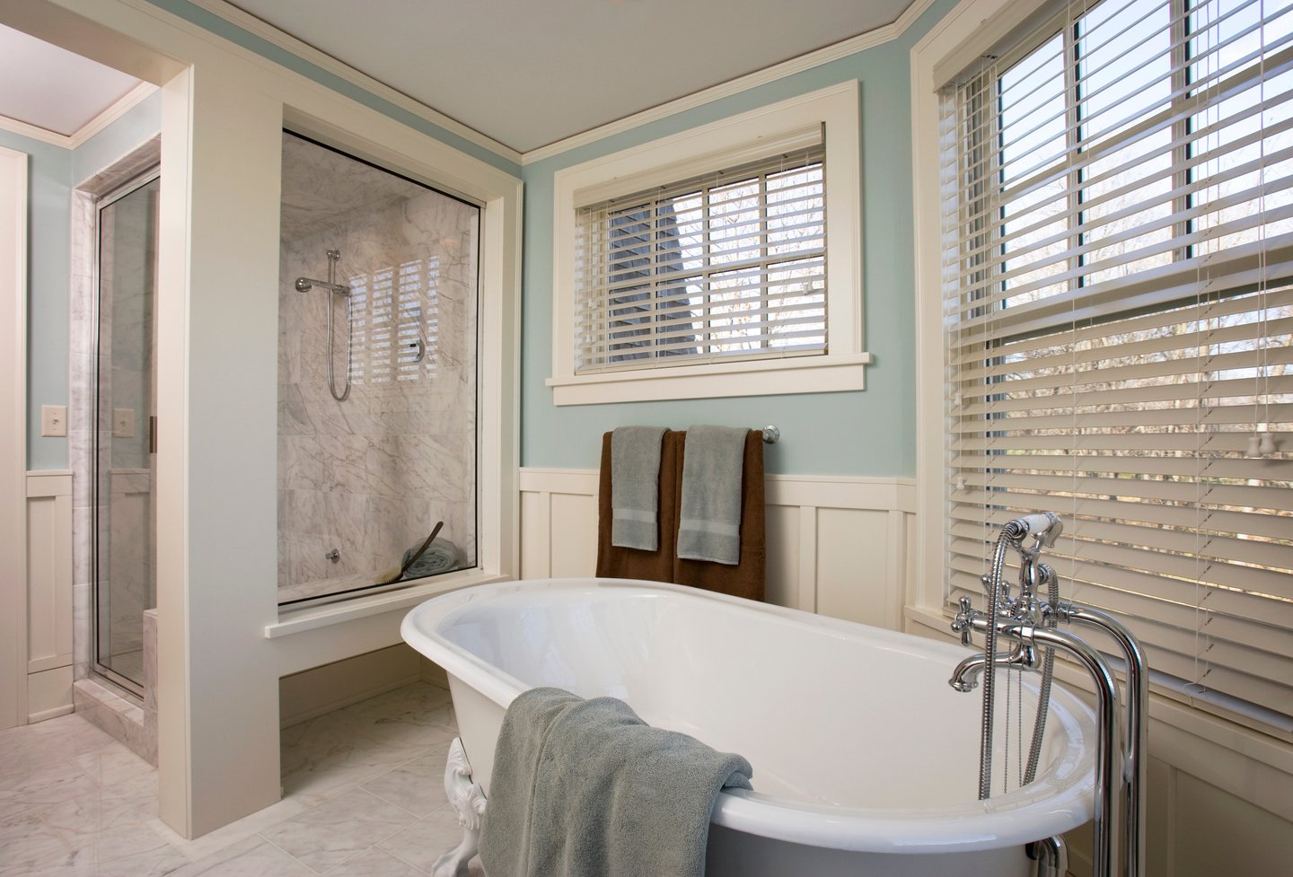 Luxury Bathroom Remodel Showing Bathtub and Shower.